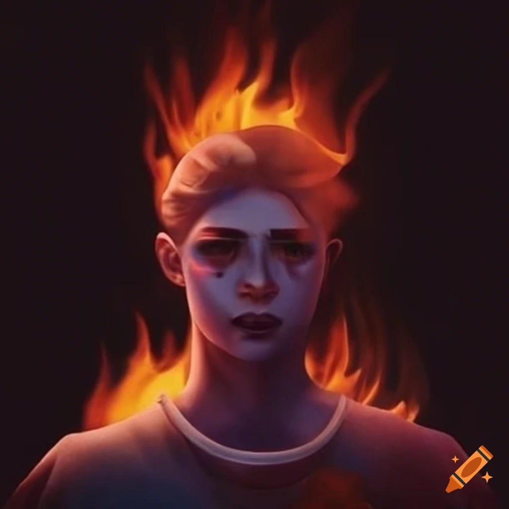 Surreal artwork of a androgynous person on fire on Craiyon
