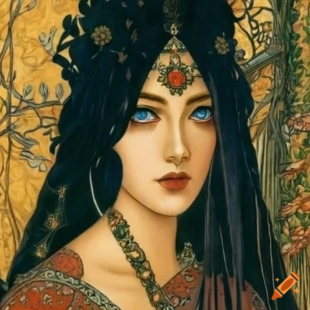 Illustration Of A Beautiful Princess With Blue Eyes And Black Hair 