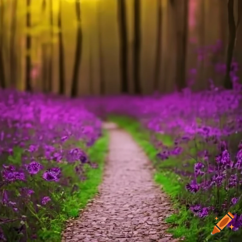 Enchanted magical forest with pink violet flowers in a field