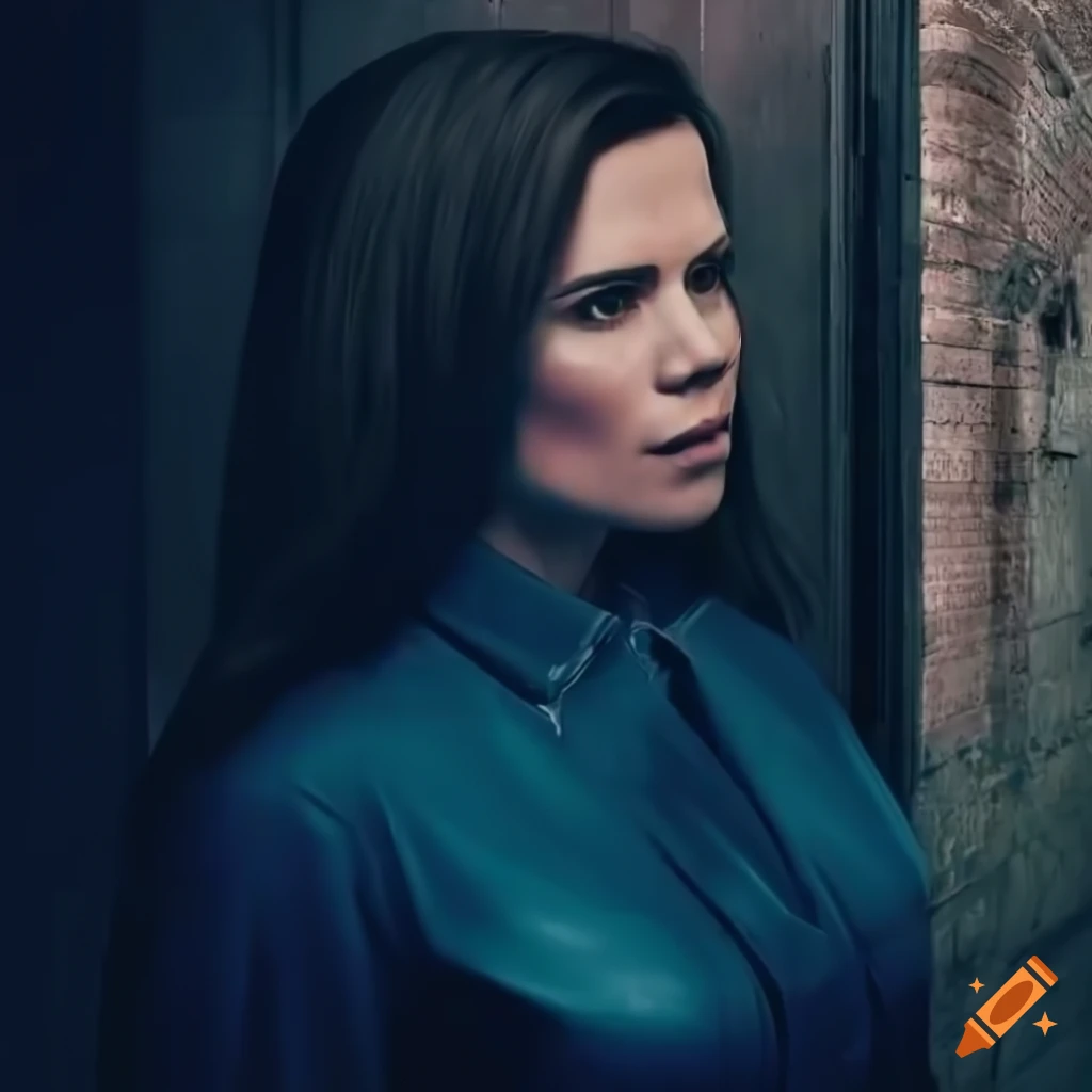 photorealistic image of actress peeking through door of derelict building