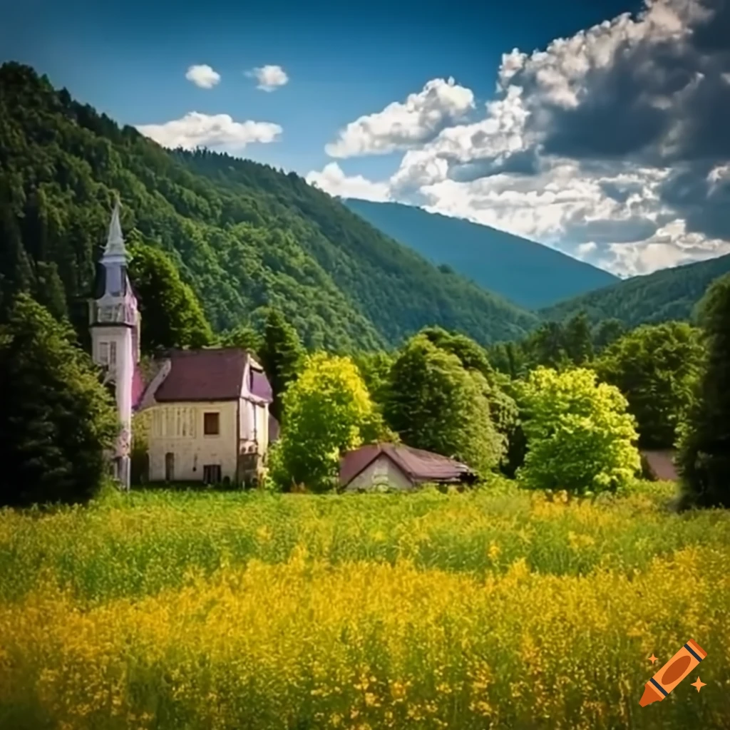 Peaceful town in the middle of a meadow on Craiyon