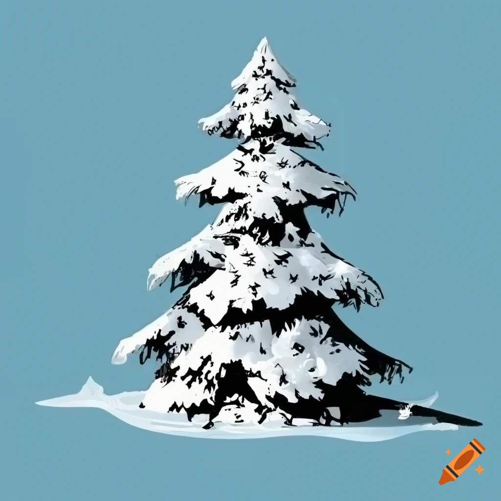 black and white clipart of a snow-covered pinetree
