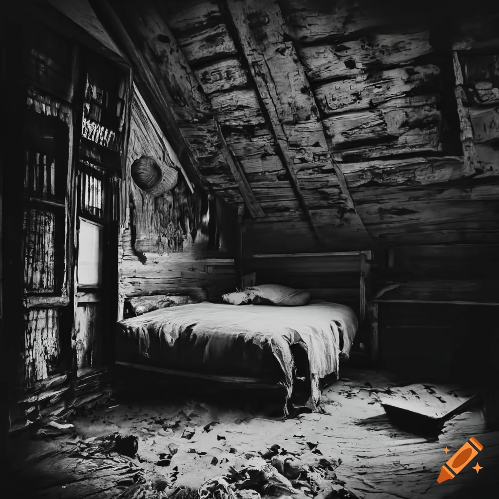 black and white photograph of an abandoned cabin bedroom