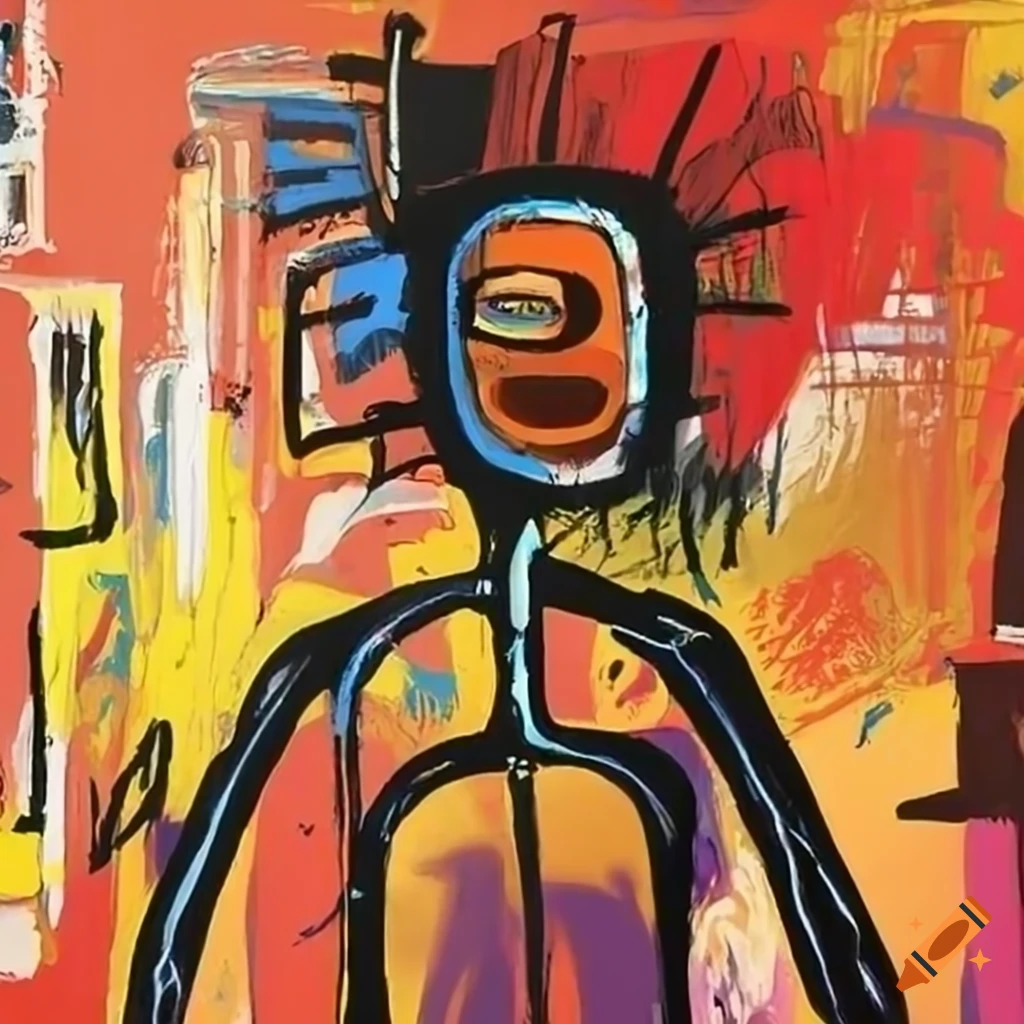 painting with expressive human figures and basquiat symbols