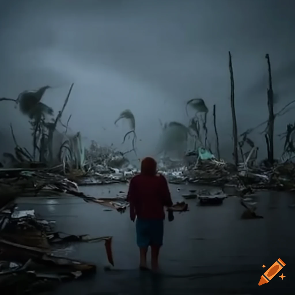 image of hurricane damage and a person symbolizing resilience