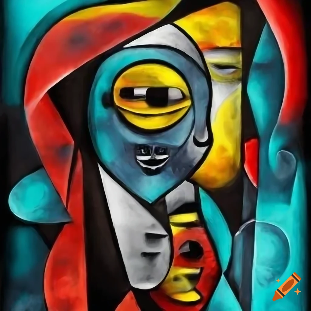 abstract black and white painting with red, yellow, and turquoise accents