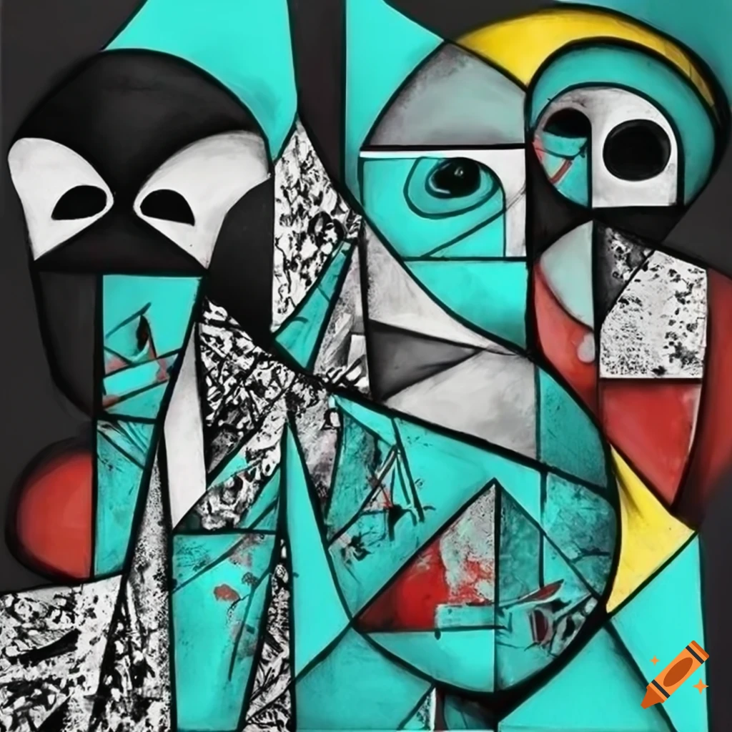 black and white surrealistic artwork with red, yellow, and turquoise monochrome elements