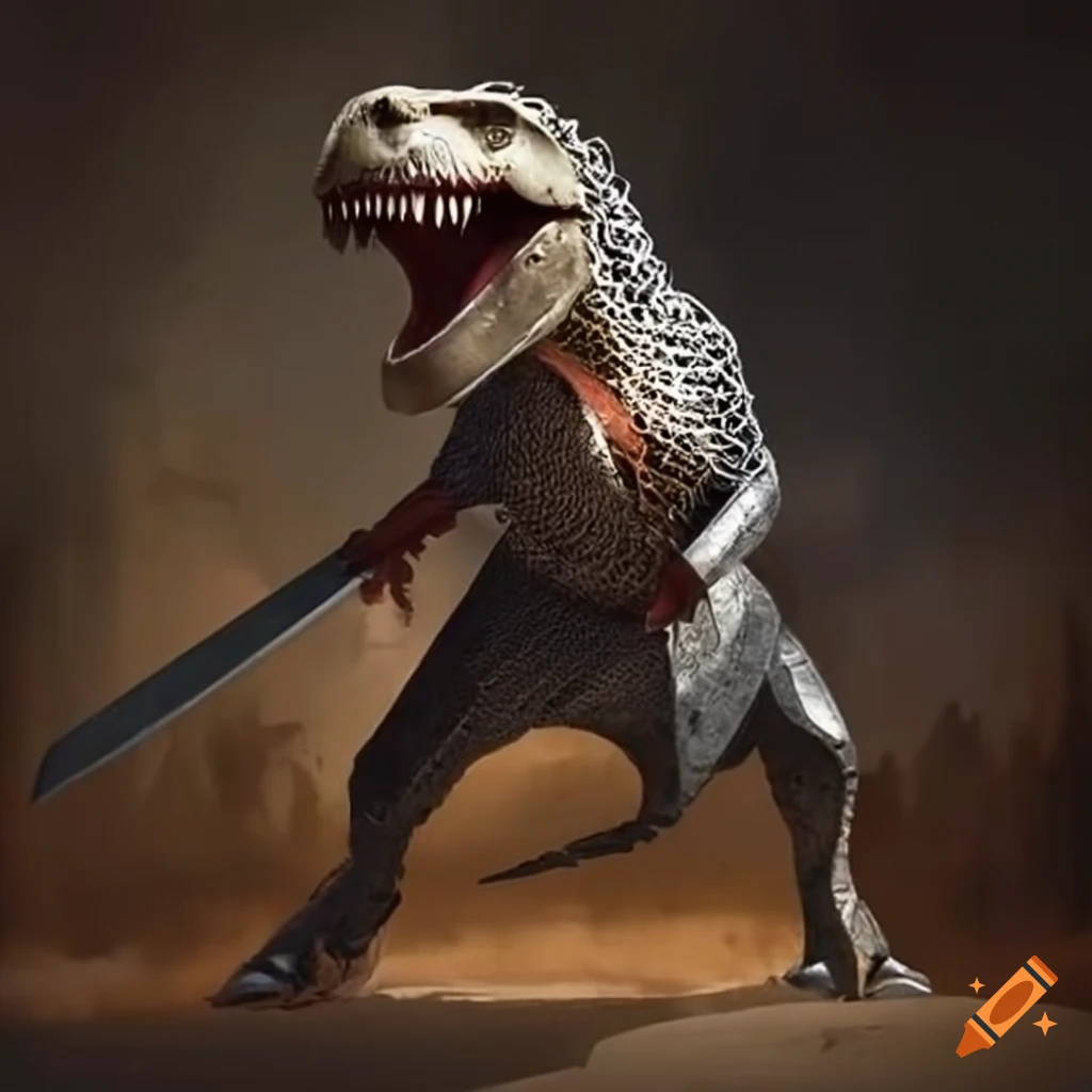 Artistic depiction of a t-rex battling a knight on Craiyon