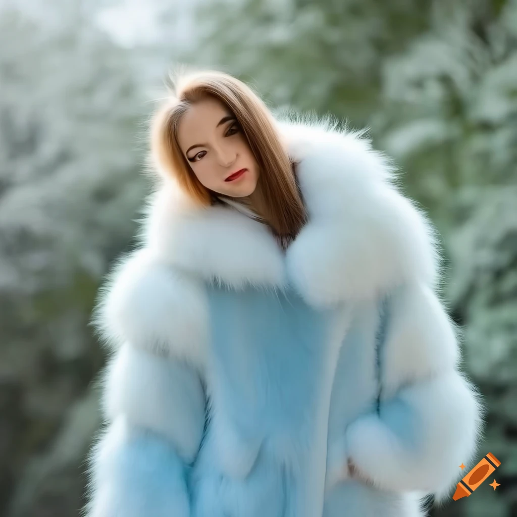 Young woman in fluffy white fur coat on Craiyon