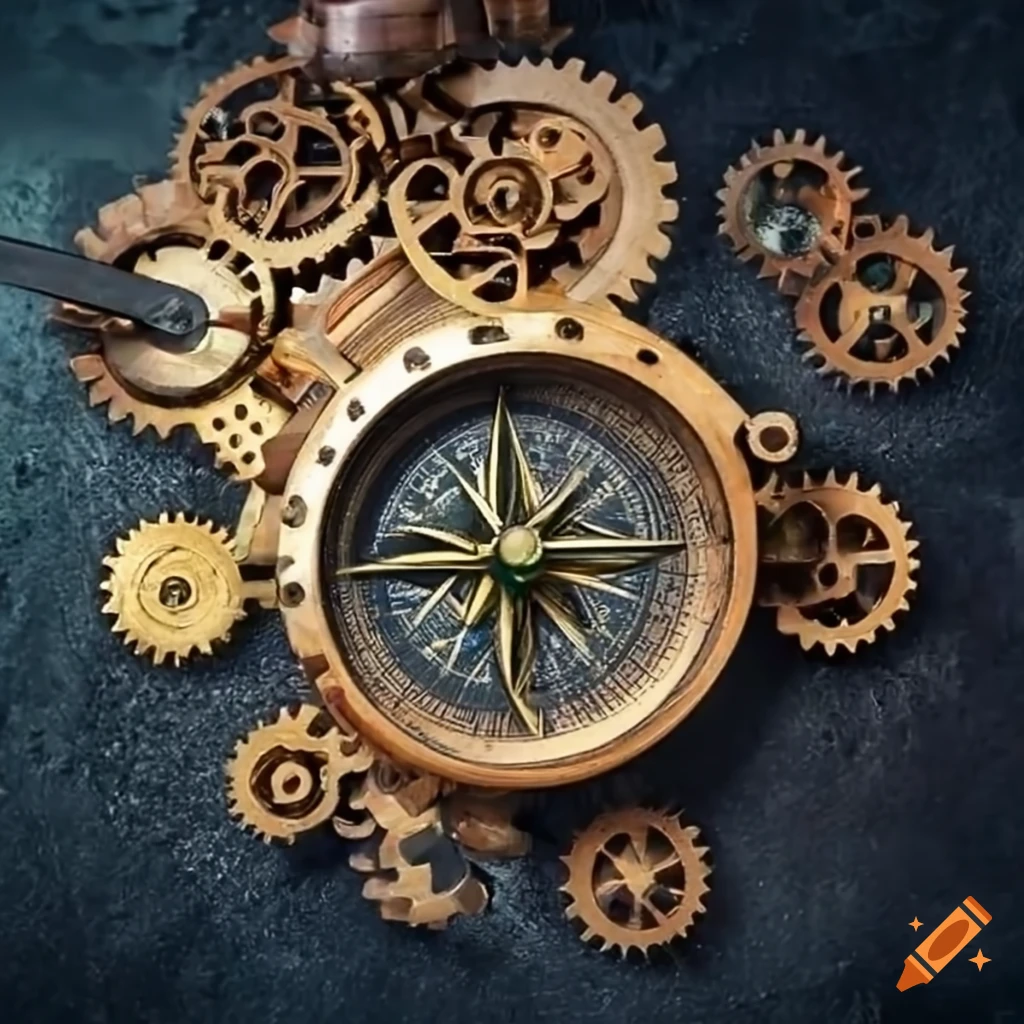 3D steampunk compass with mechanical gears
