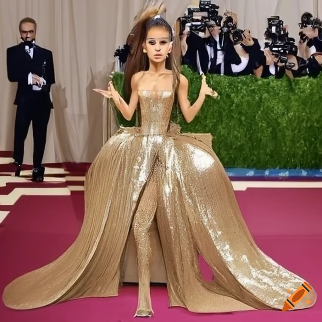 Portrait of ariana grande in a gold dress at the met gala on Craiyon