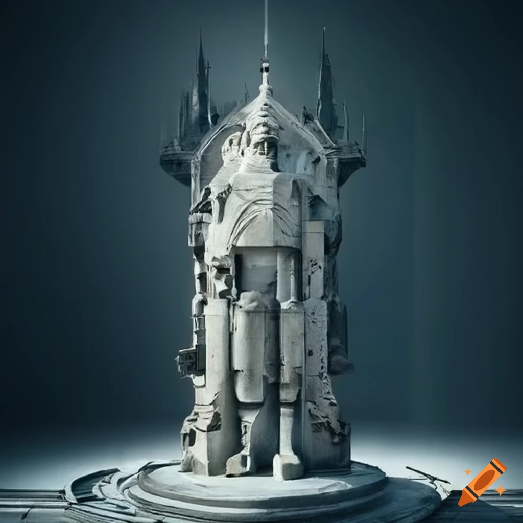 Stone statues guarding a dystopian metropolis on Craiyon