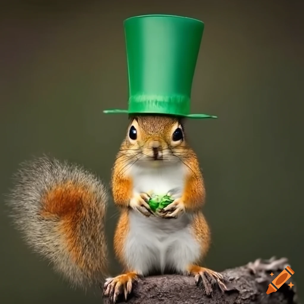 Artistic depiction of a squirrel wearing a green top hat on Craiyon