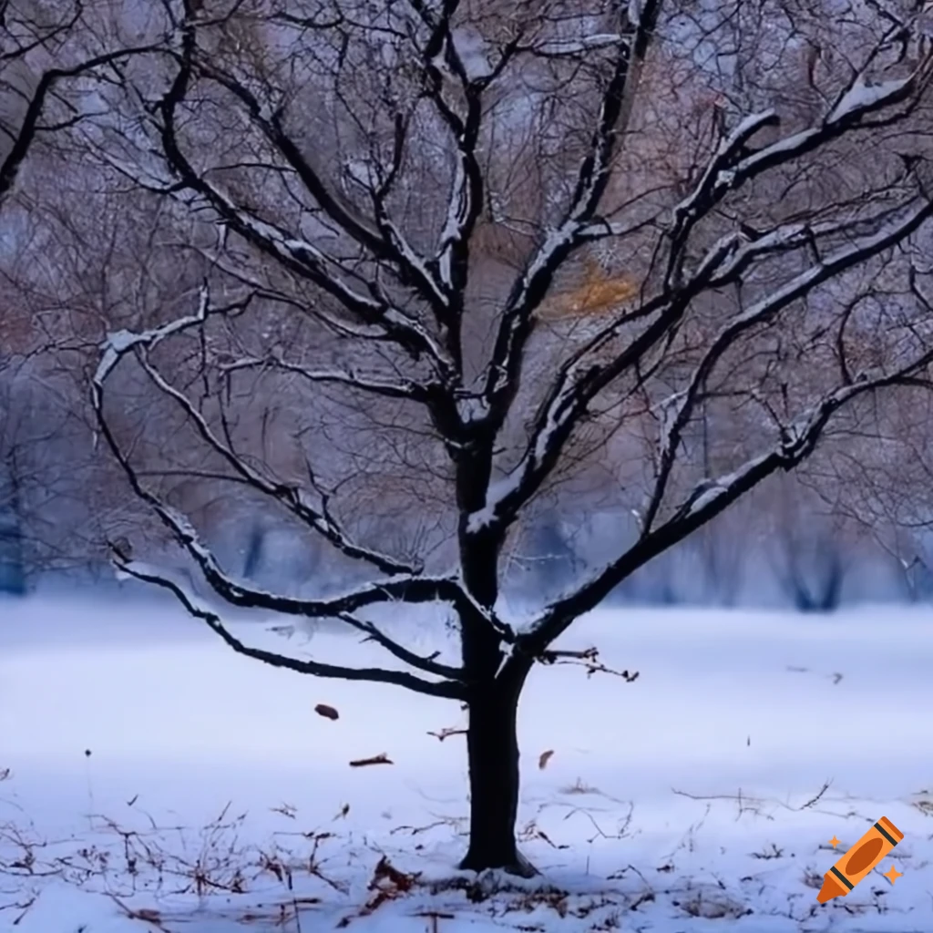 one lonely tree in winter with falling leaves