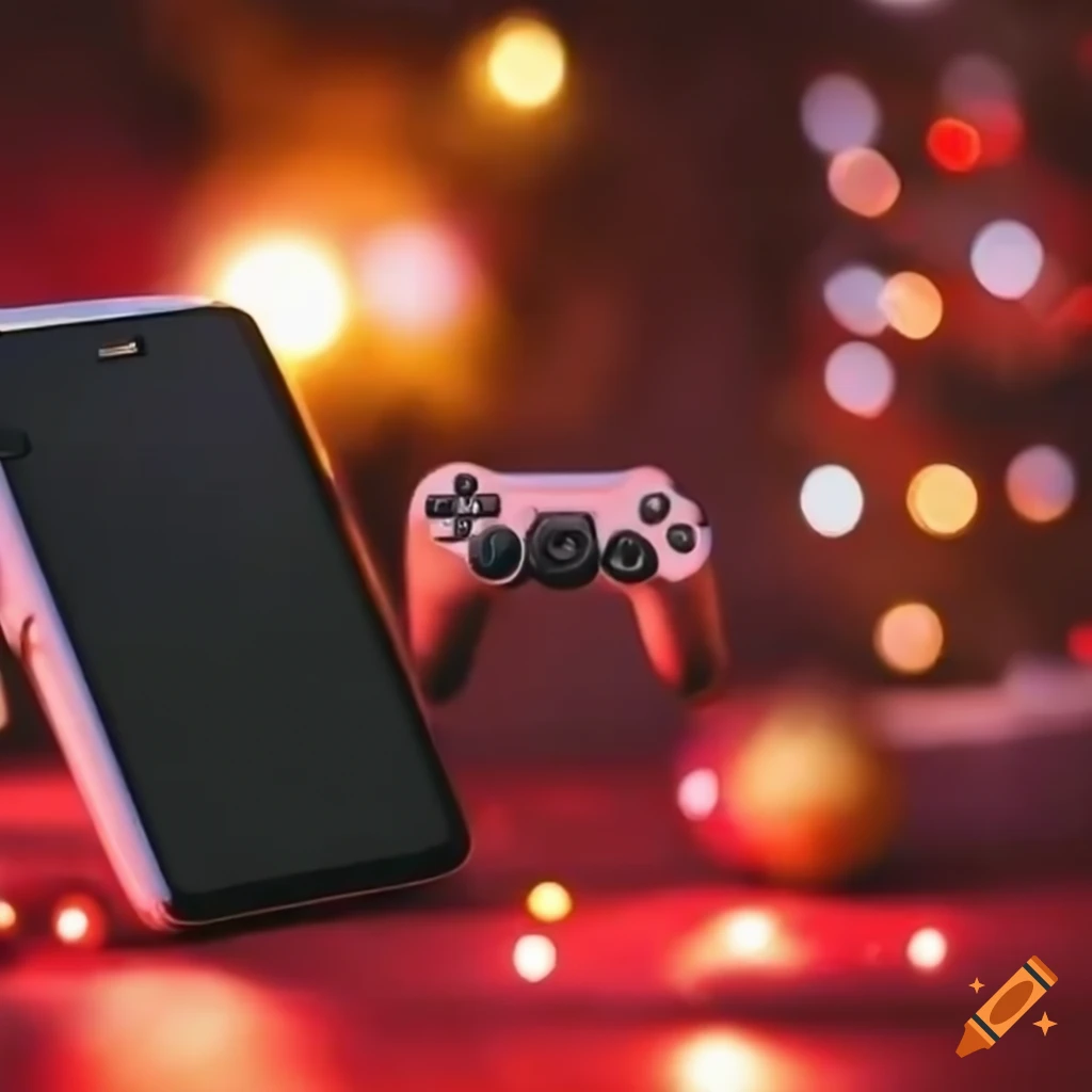Christmasthemed setup with game console and cell phones on Craiyon