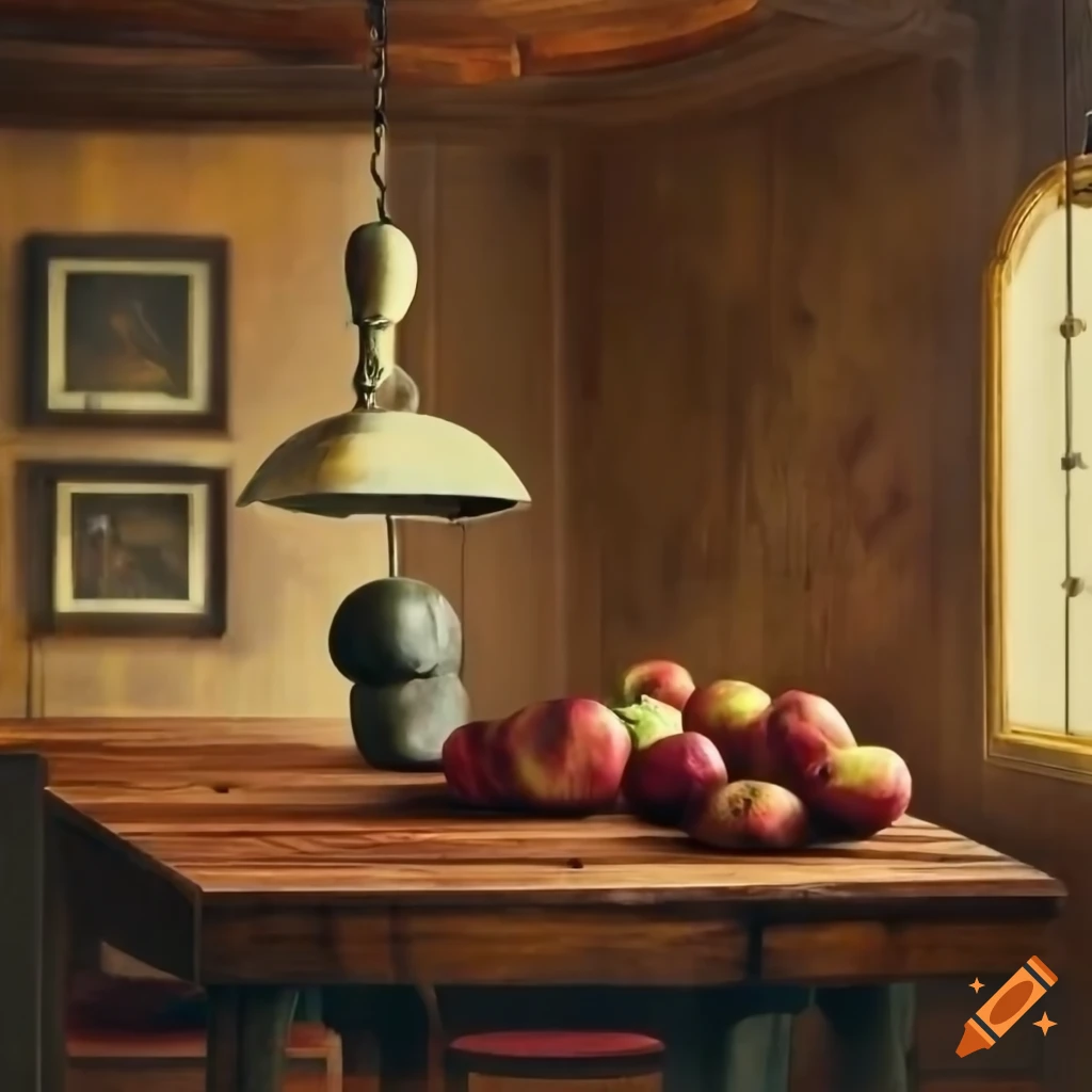 Wooden dining table with apples and a hanging lamp on Craiyon