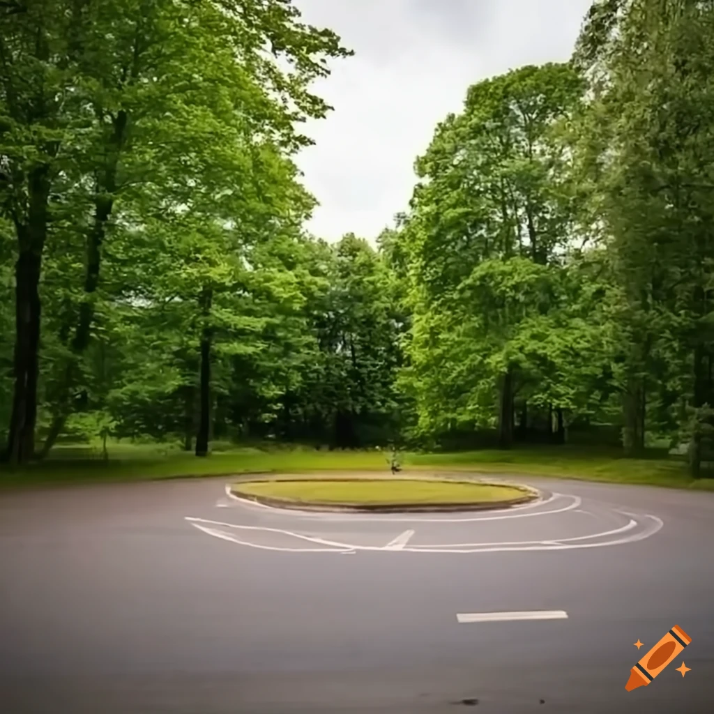 roundabout in a forest with a school building in the background