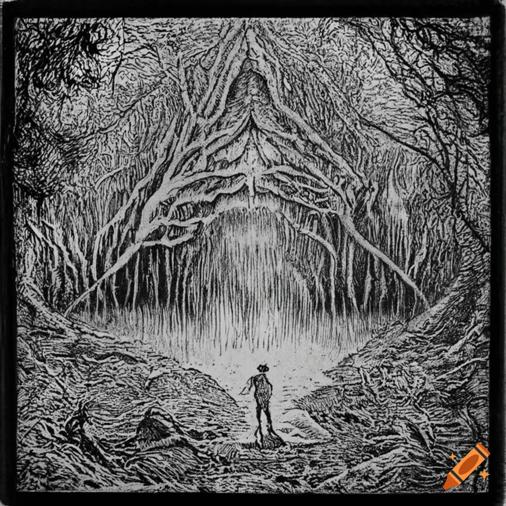 Acid etching black and white art of primordial mist on Craiyon