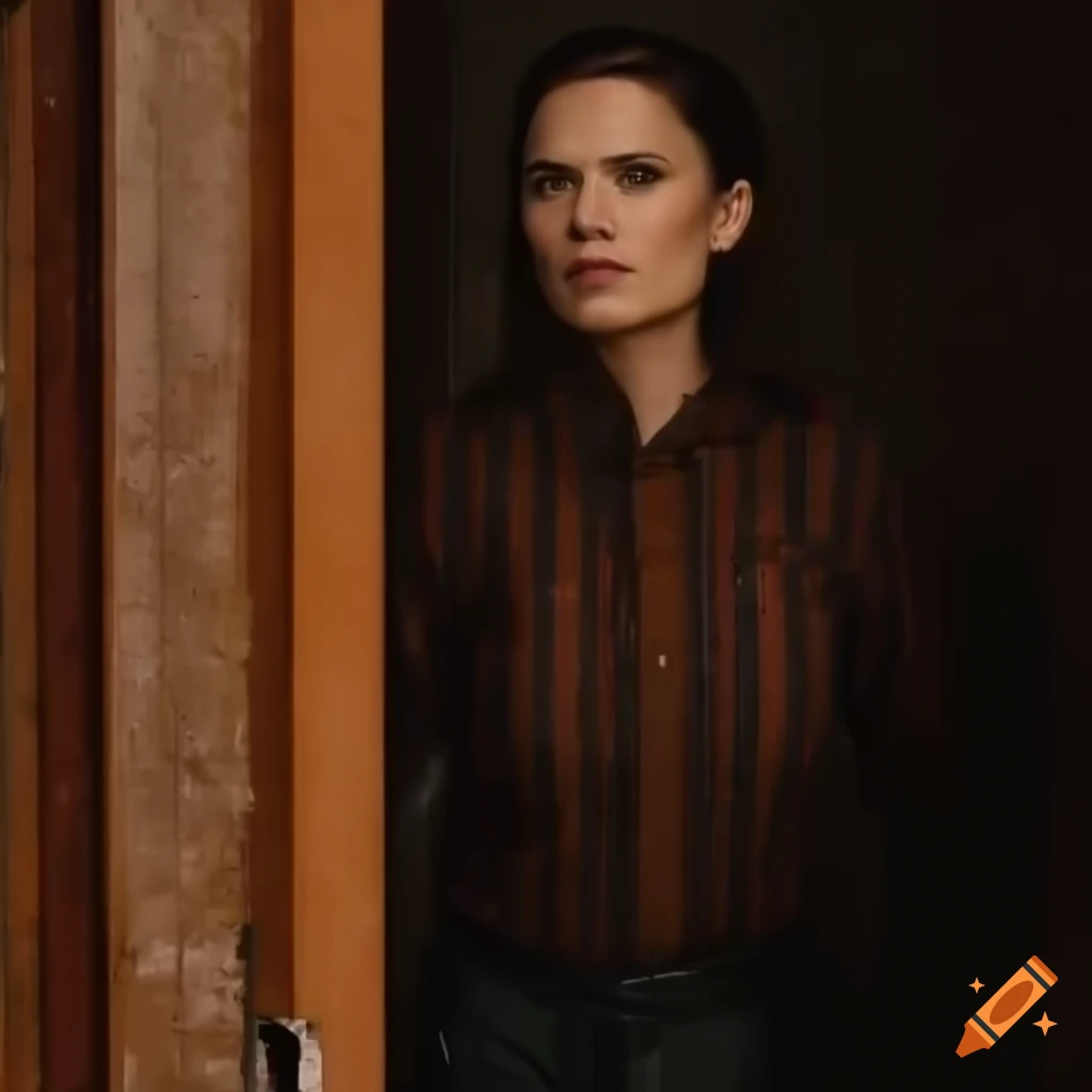 fashion portrait of a woman in orange plaid shirt and black leather trousers