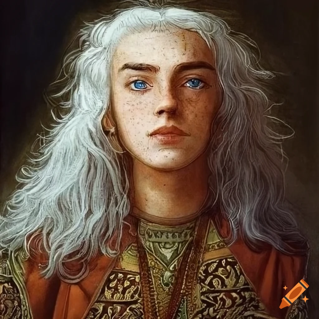 illustration of a prince with white hair and blue eyes
