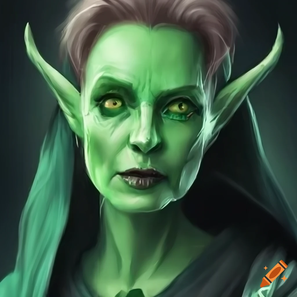 Illustration of a shy goblin woman with elf ears