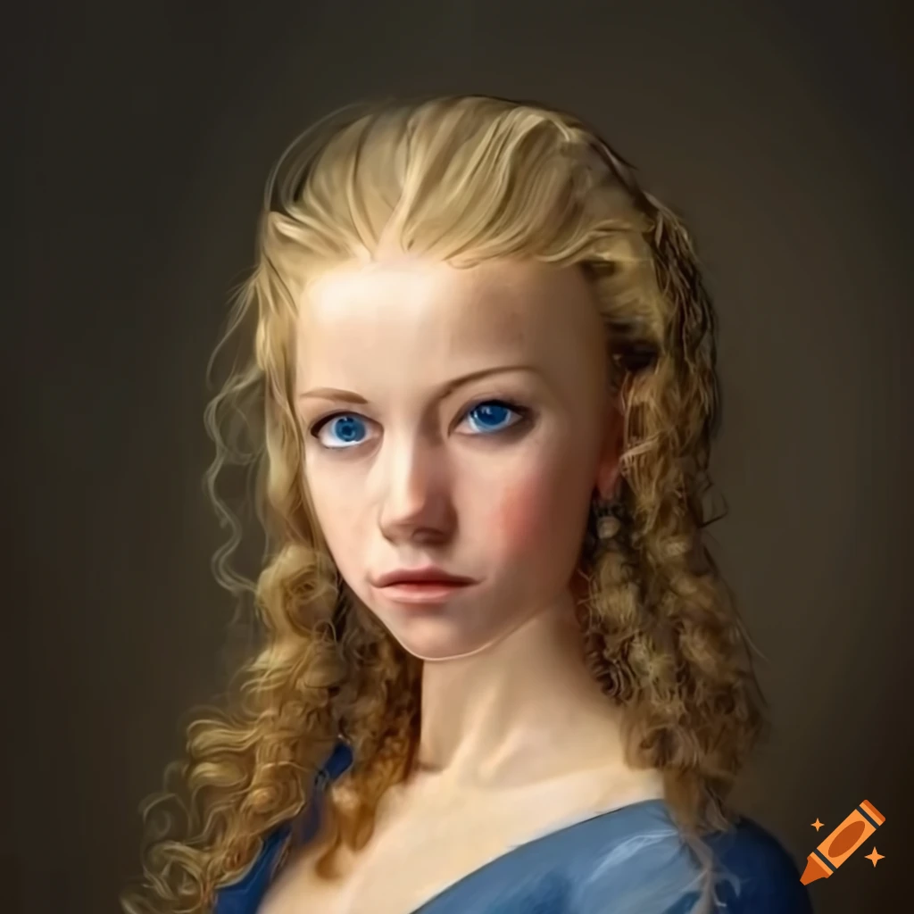 Portrait of a petite blond woman with blue eyes and curly hair on Craiyon