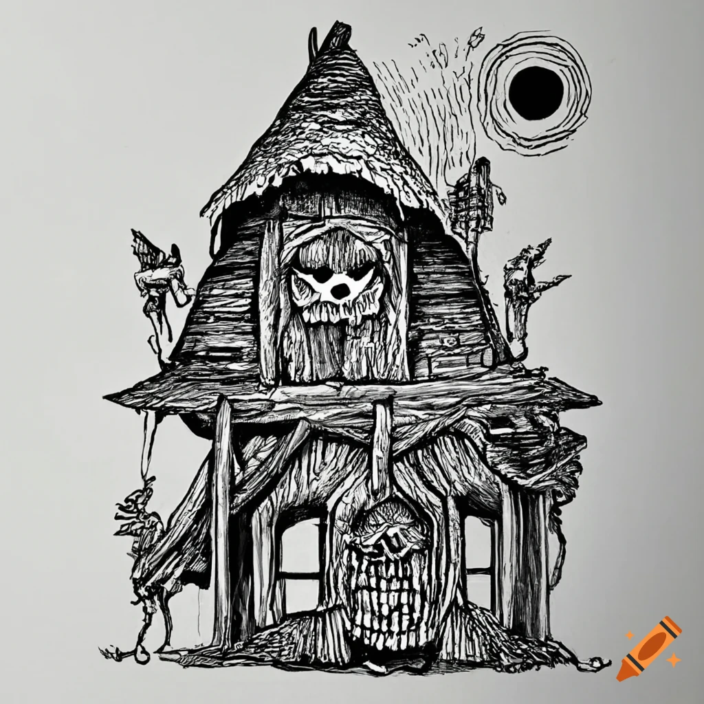 Pen and ink illustration of baba yaga's house with chicken legs on Craiyon