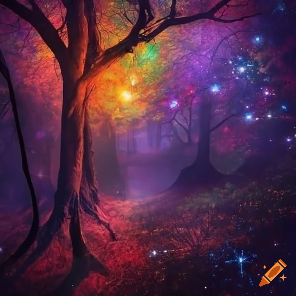 magical forest with glowing flowers under a starry sky