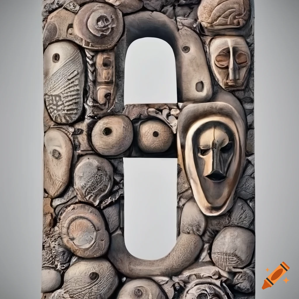 Ultra realistic stone letter "a" engraved with african masks