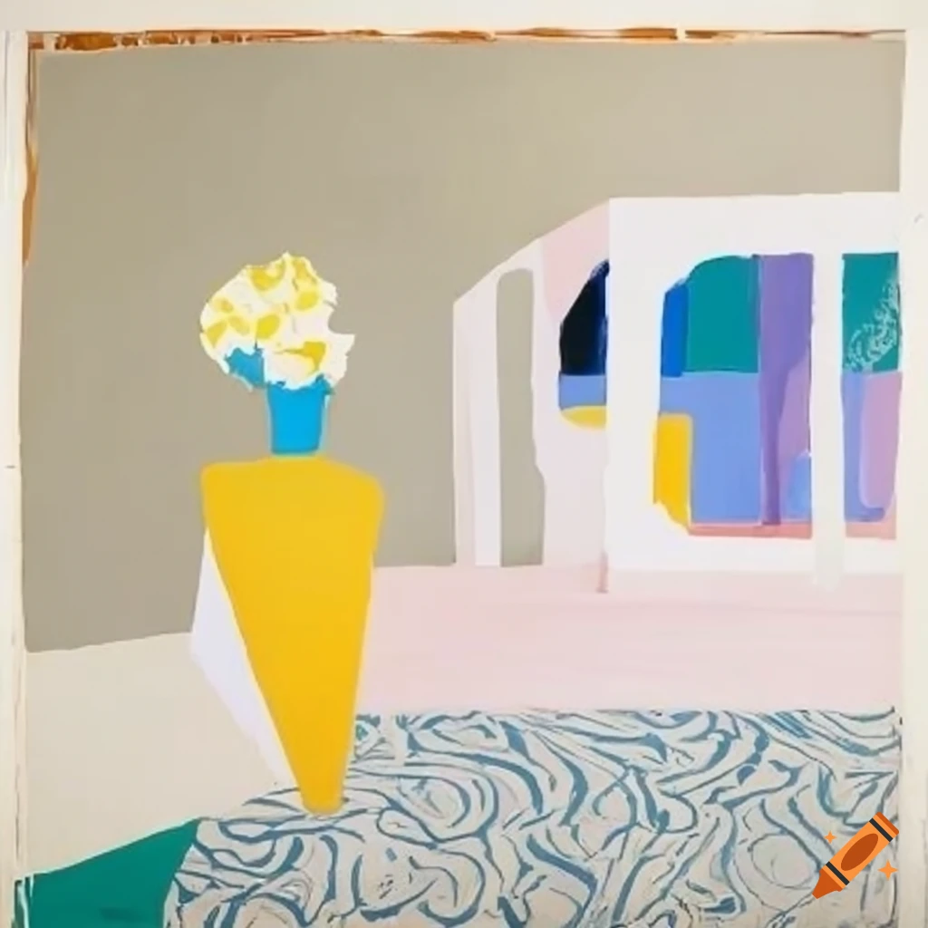 sculpture and paintings arrangement in a white room
