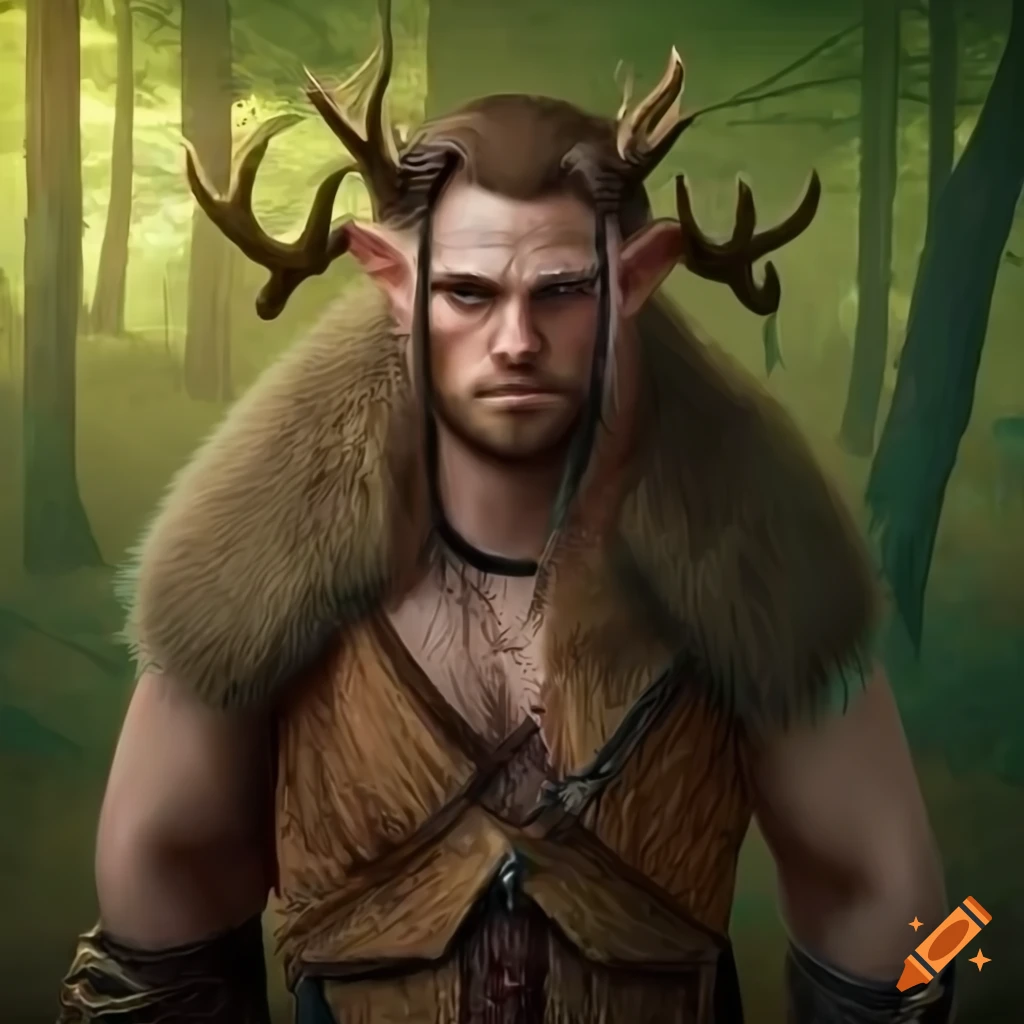 Fantasy character with antlers and bear companion in a forest on Craiyon