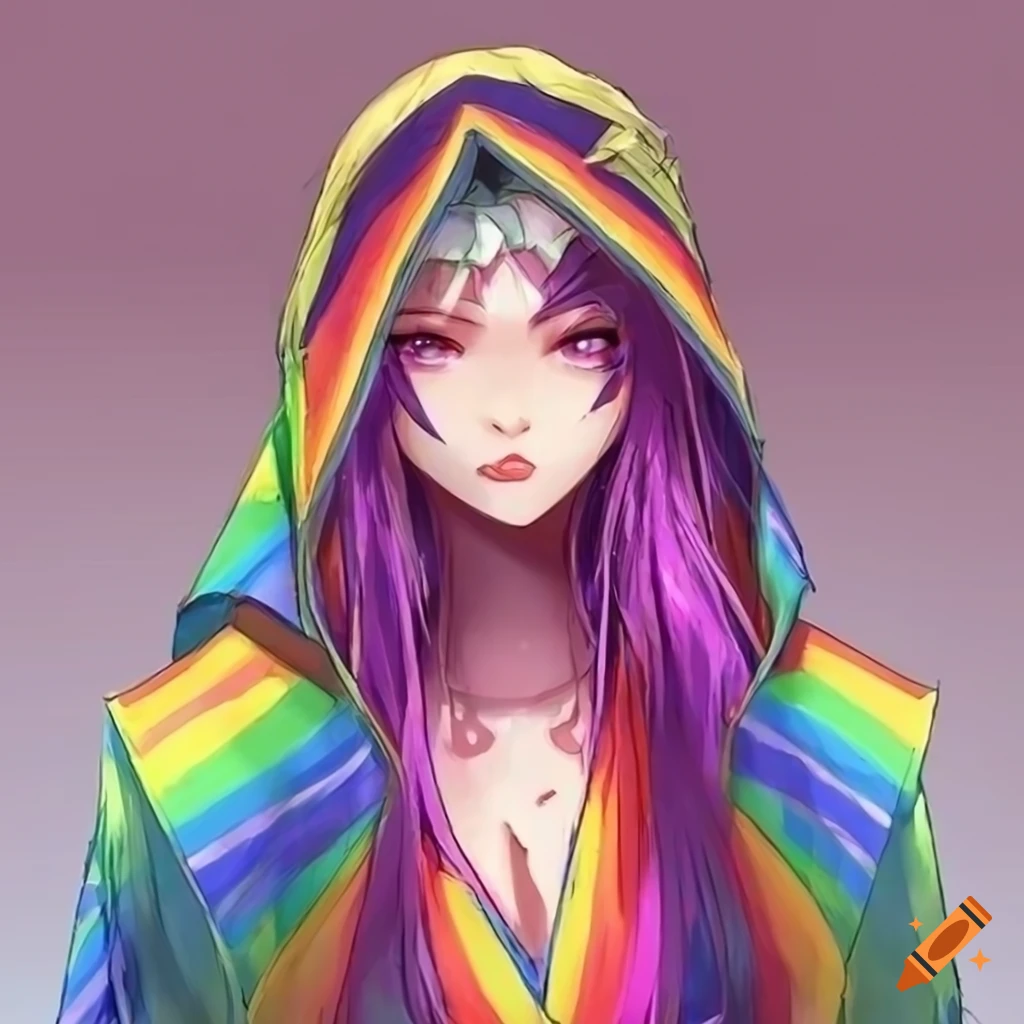 Anime-style depiction of a mysterious priestess in a rainbow robe on Craiyon