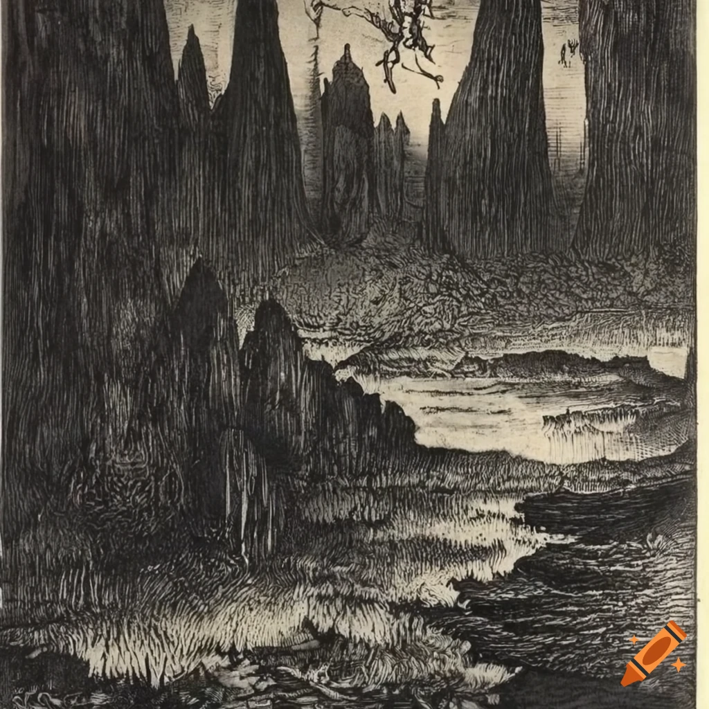Fjord landscape in black and white etching by kittelsen on Craiyon