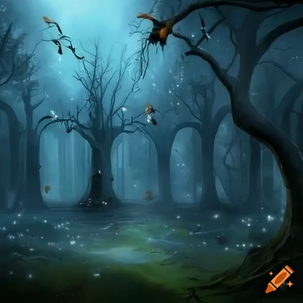 surrealistic park with strange creatures and fantasy elements
