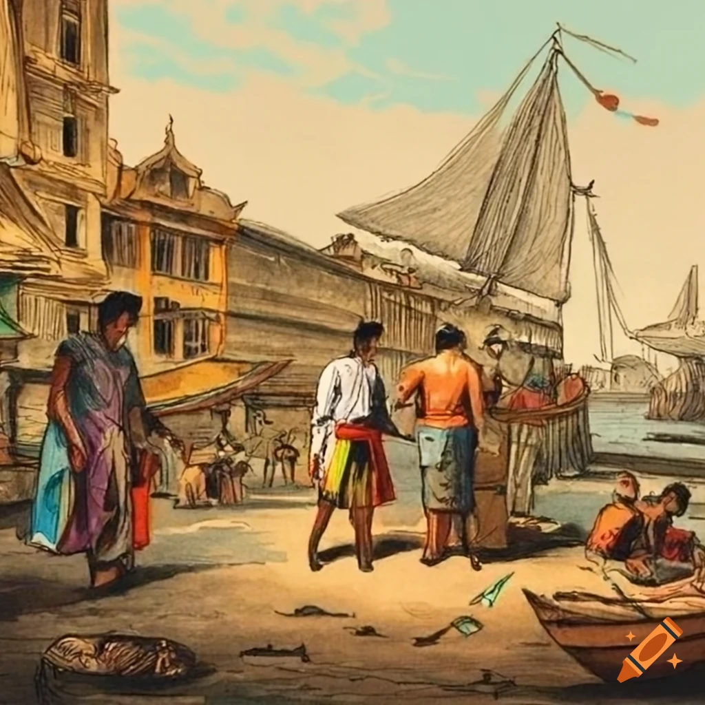 Colored illustration of traders and locals in 19th century manila on