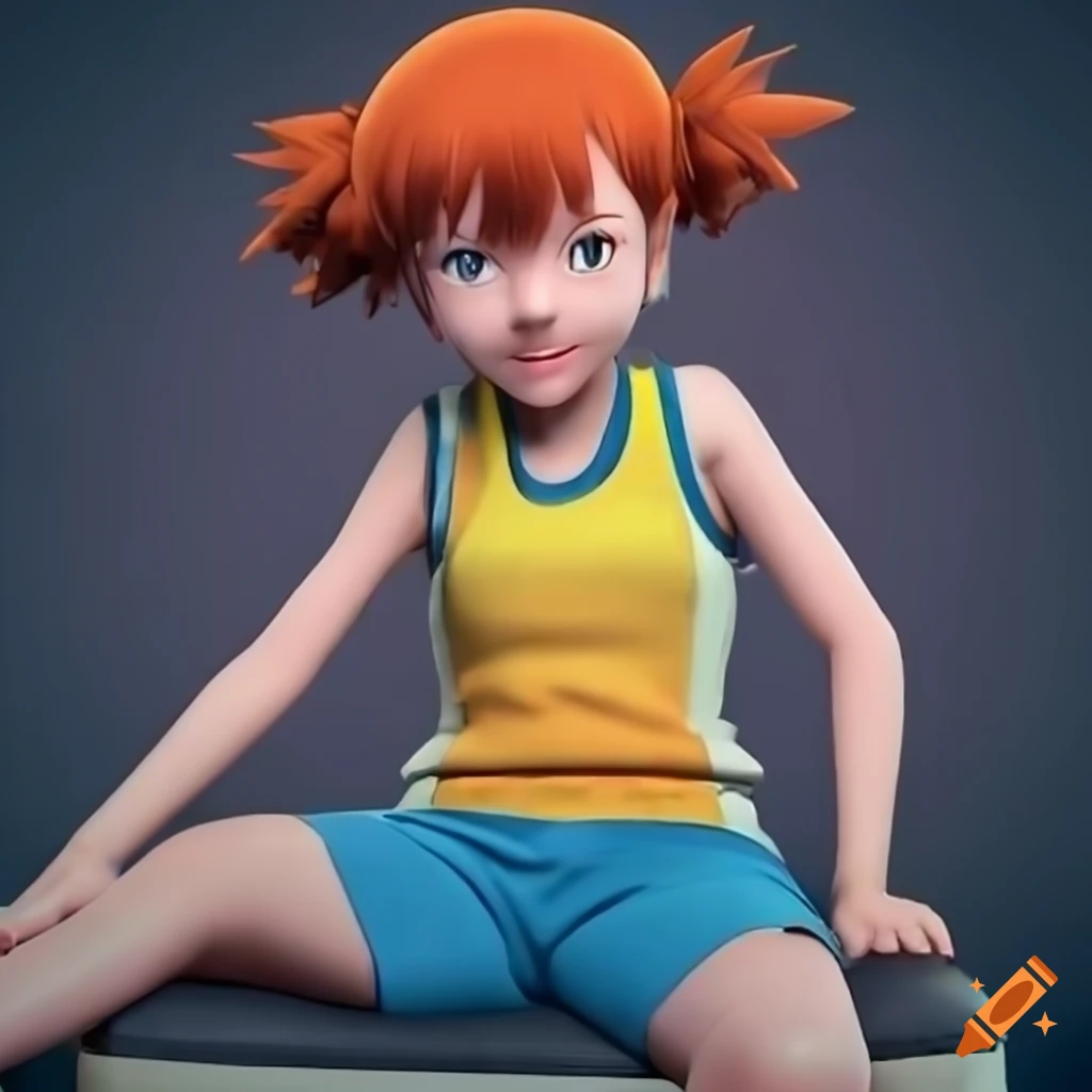 realistic 3d art of Misty sitting on a chair