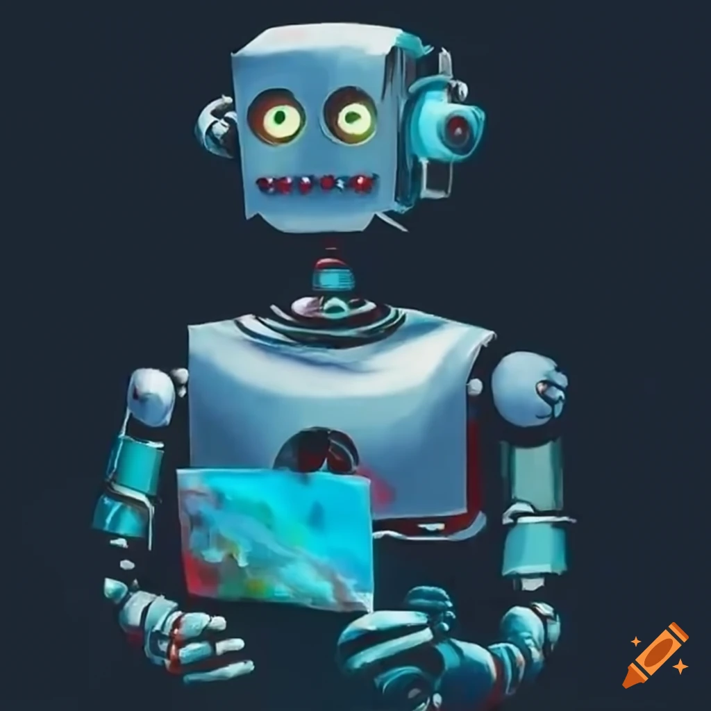 robot holding a painting
