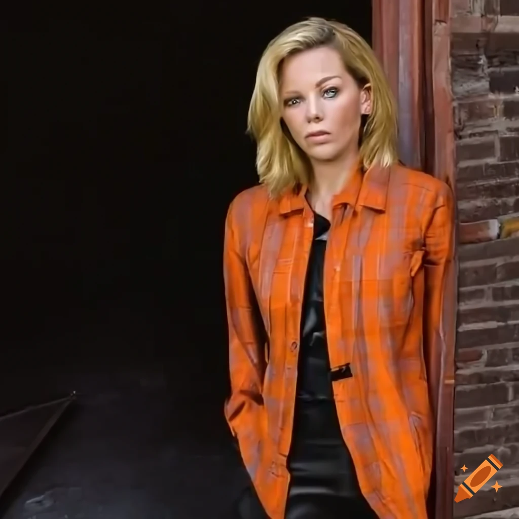 closeup side view of an actress in orange plaid shirt and black leather trousers