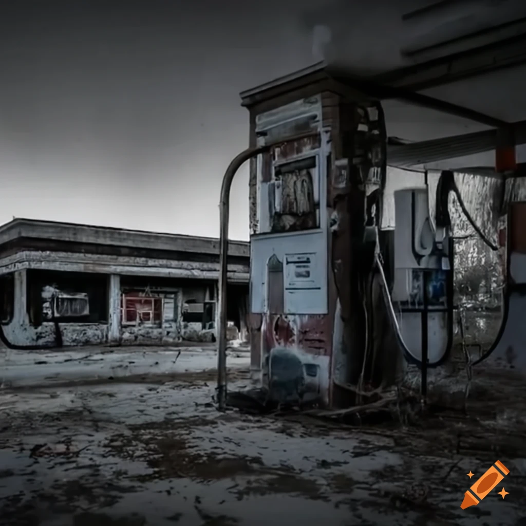 Vintage gas station in the rain and fog at night. it schould give a  melancholical feeling on Craiyon