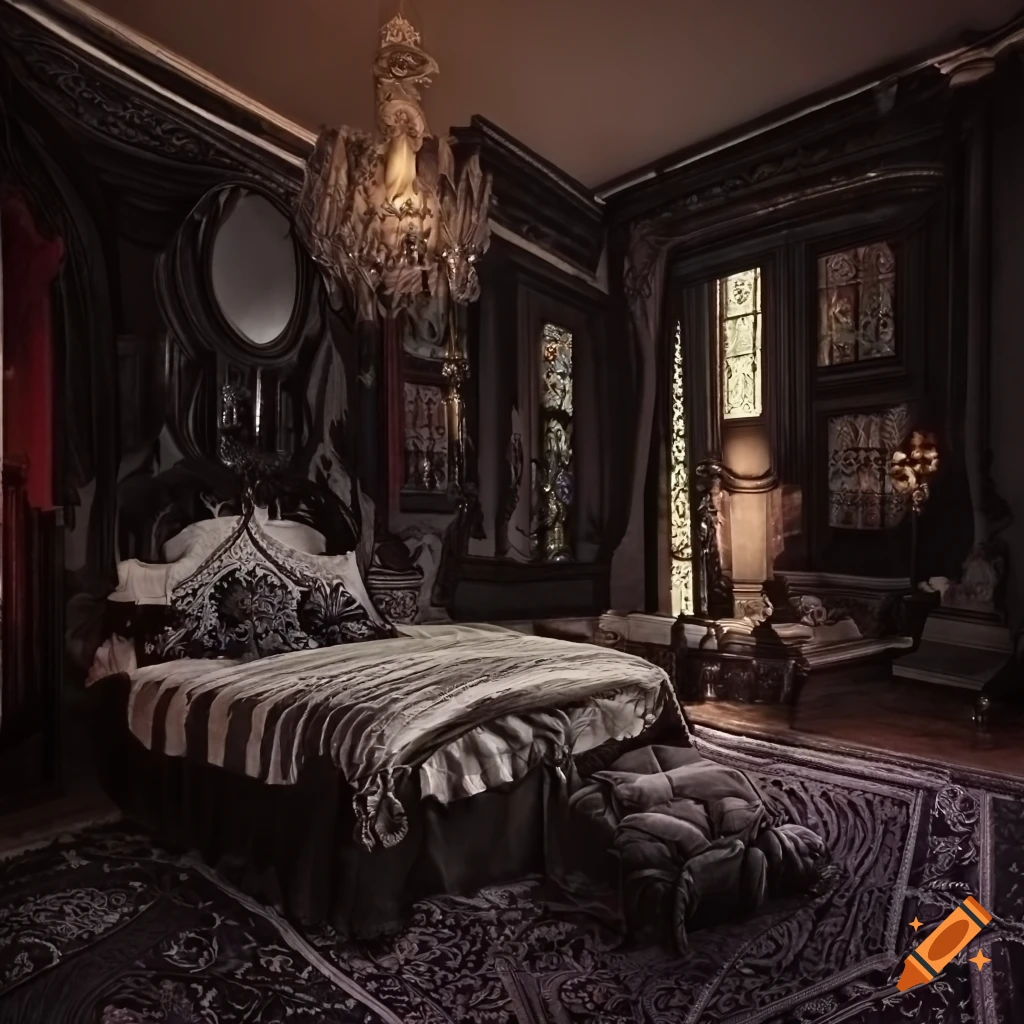 Gothic bedroom with a veil over the bed on Craiyon