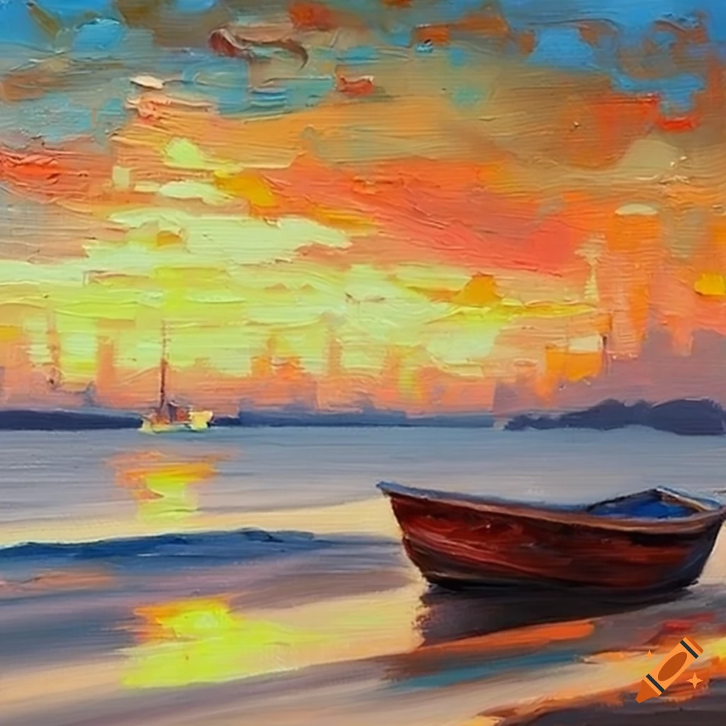 oil painting of boats on a beach at golden hour