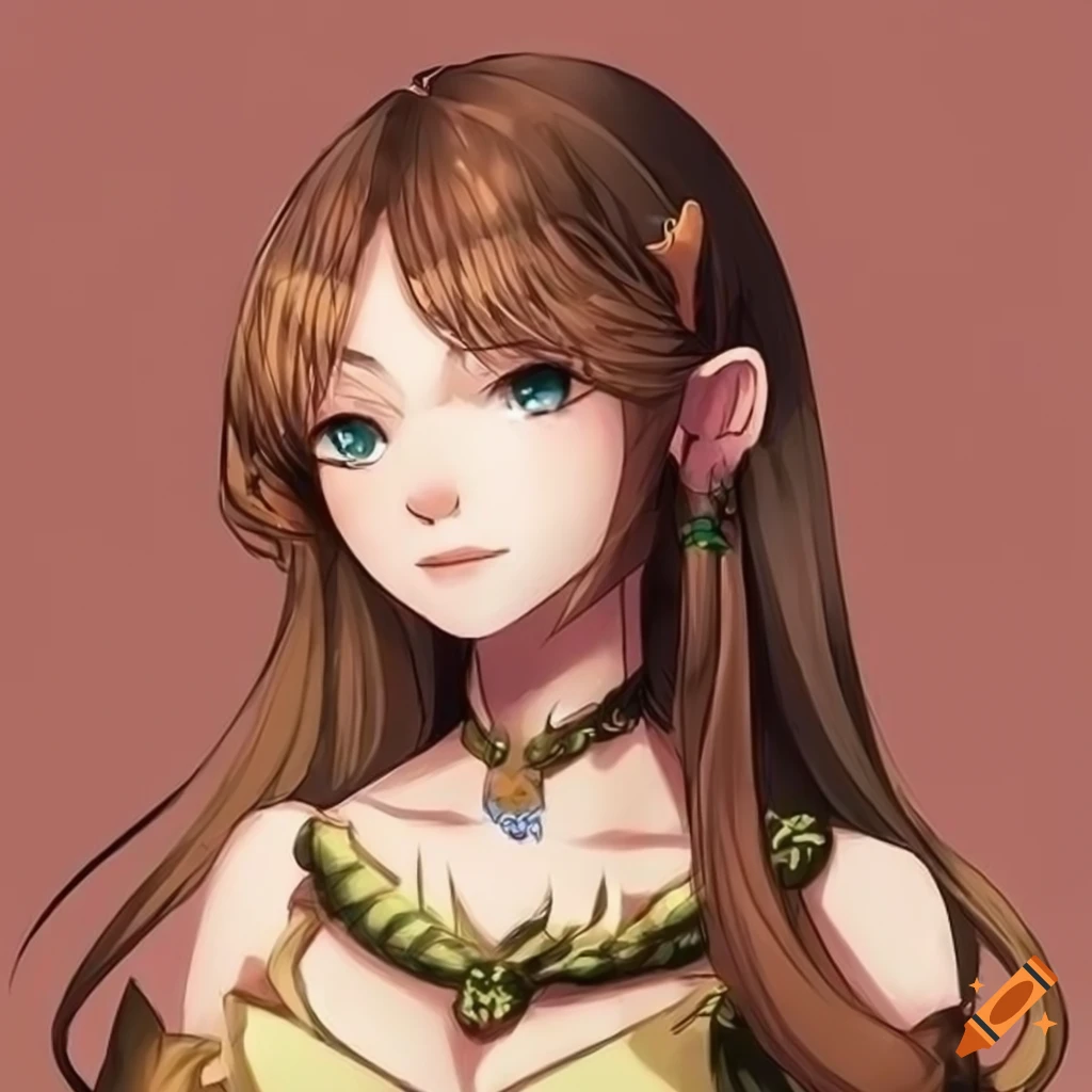 anime character of a beautiful druid with green eyes