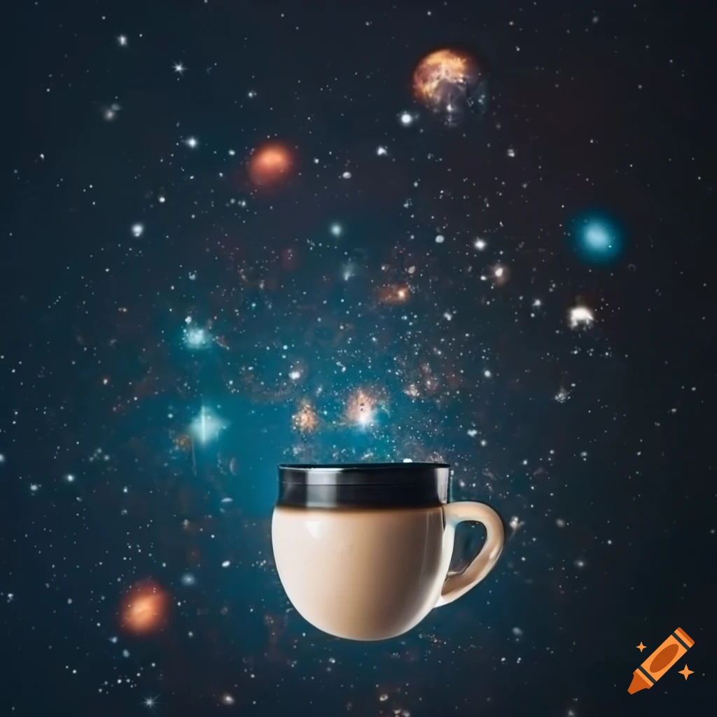 Floating coffee mug in space with coffee beans on Craiyon