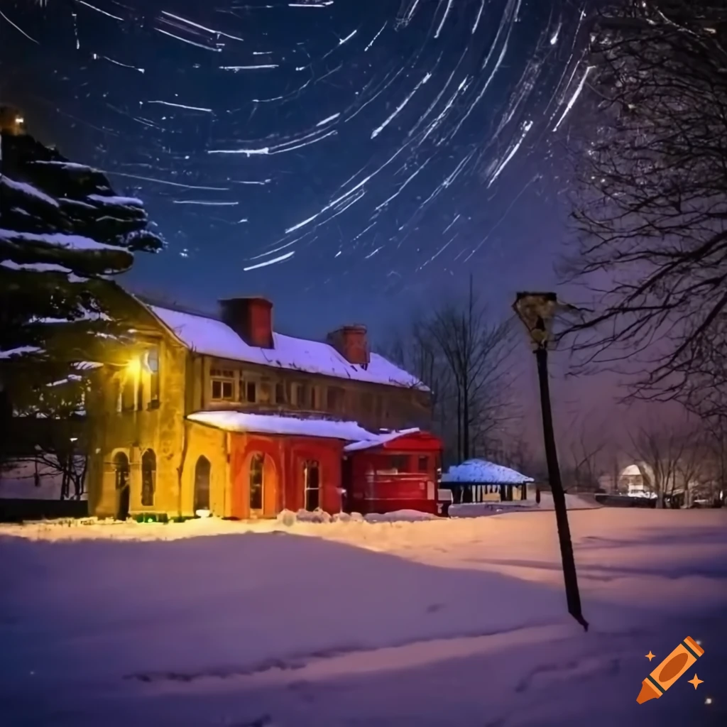 Snowy pennsylvania pretzel factory with colored lights and steam train