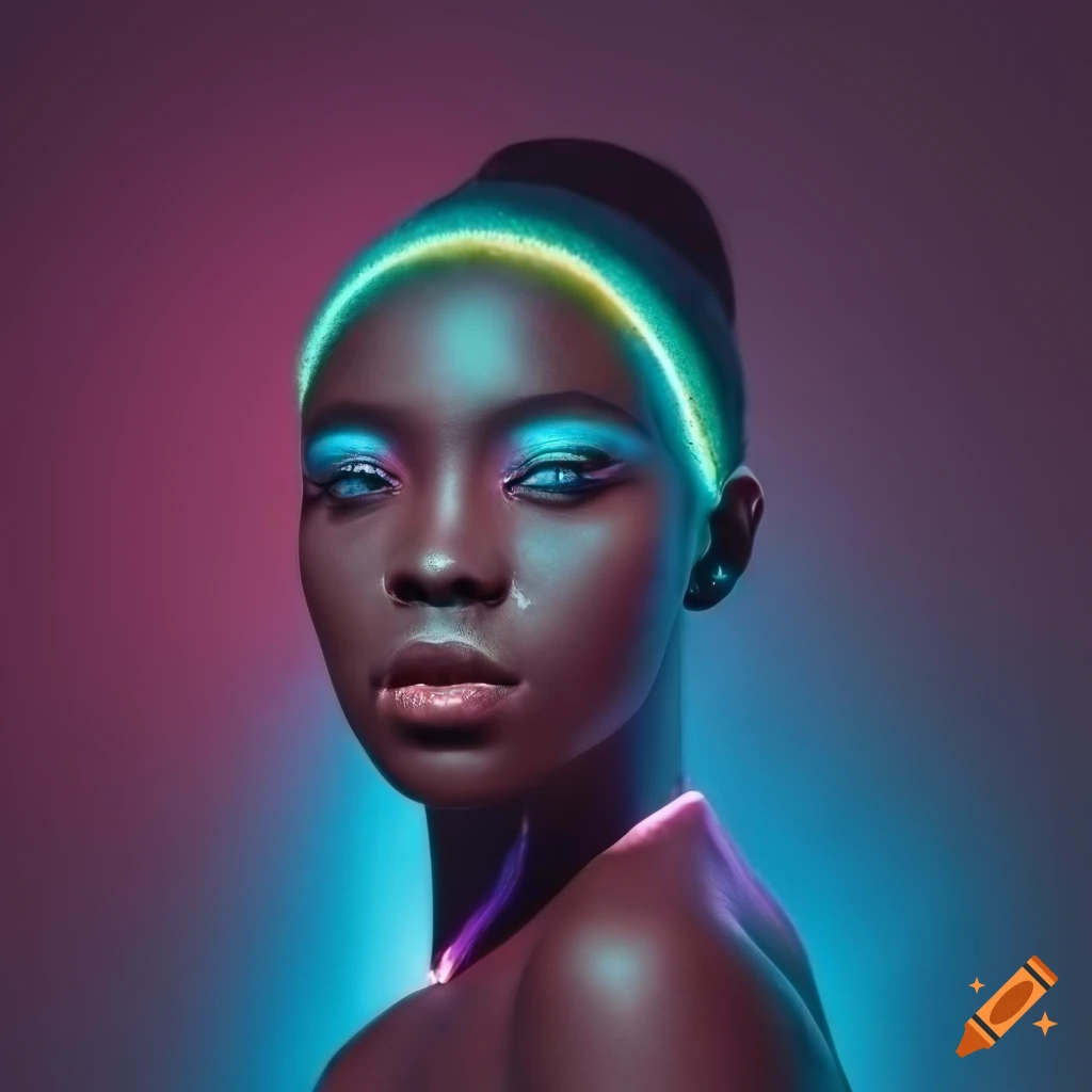 Neon portrait of a beautiful goddess with colorful background