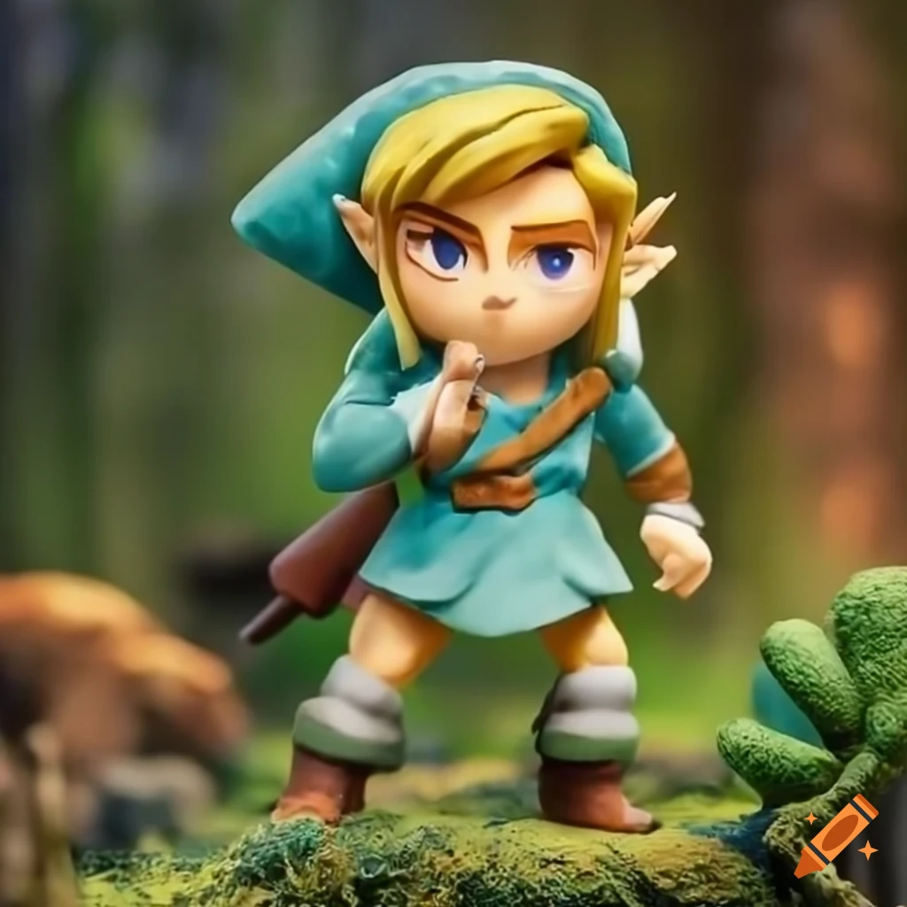 diorama of Link from Zelda in a Totoro-style glittery forest