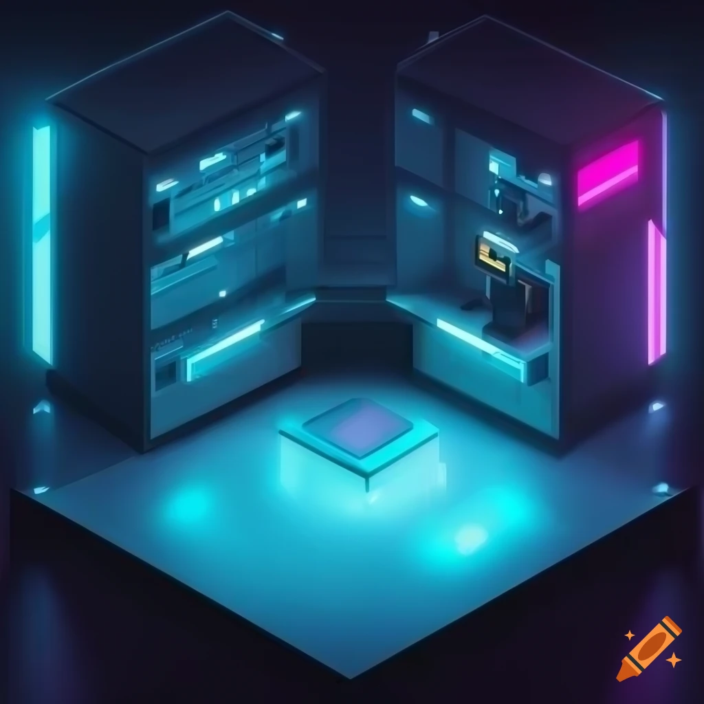 Hyper-realistic isometric room with neon lights