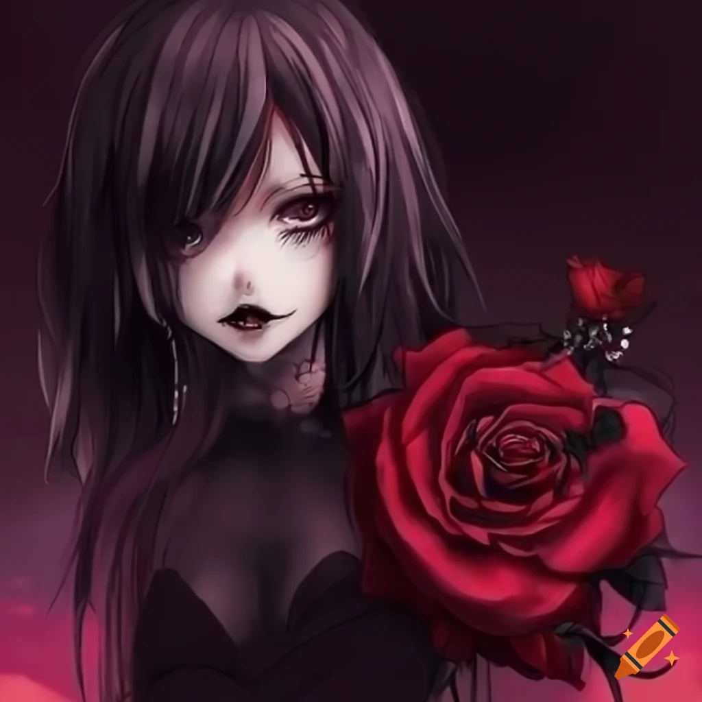 artwork of a creepy anime girl with a black rose