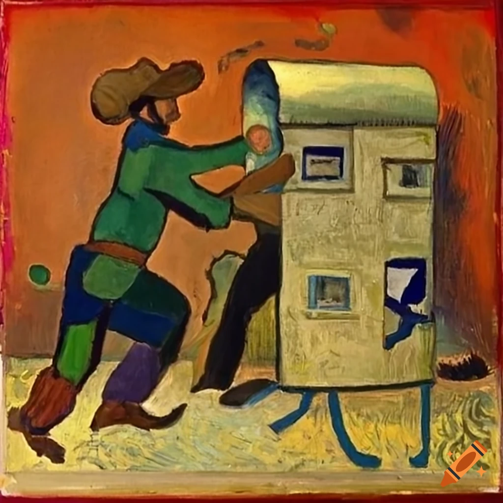 Surreal painting of a usps mailbox in a wildwest rodeo scene