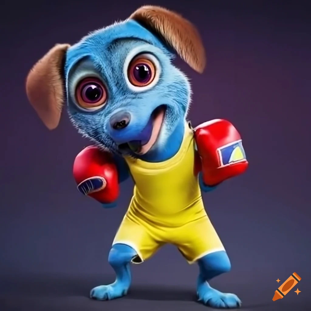 Funny illustration of a blue dog in boxing gloves and wrestling singlet on Craiyon